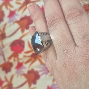 Hematite Silver tone  filagree stone ring